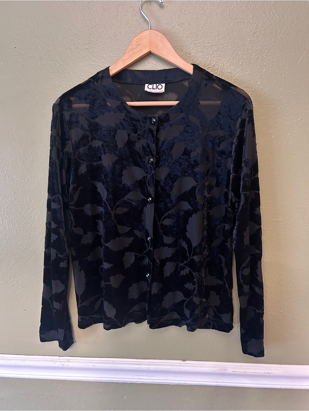 CLIO Vintage 90s Whimsigoth Witchy Black Velvet Burnout Floral Cardigan